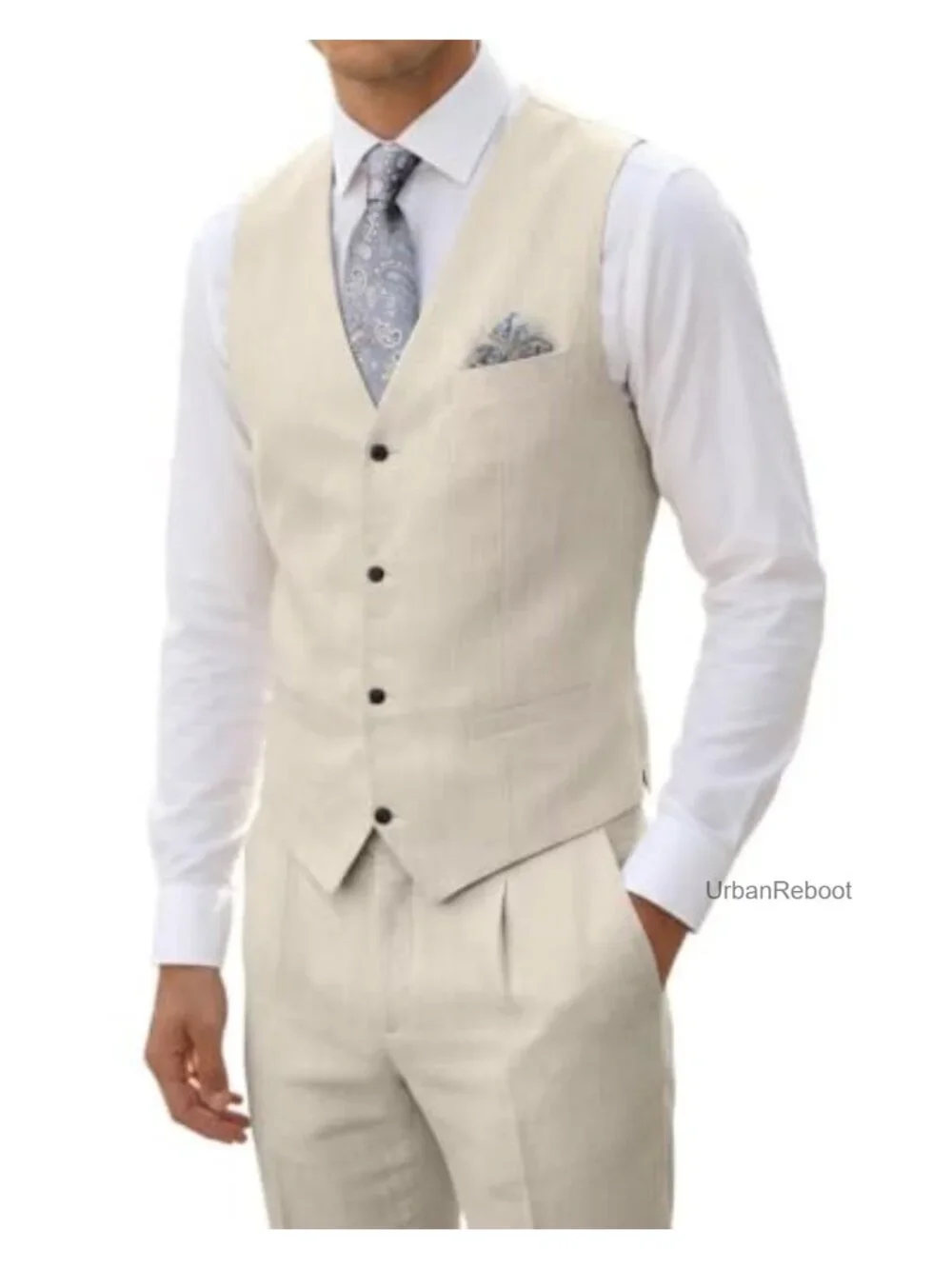 Men's 2-Piece Linen Suit Vest & Pants Lightweight Summer Wedding Groomsmen